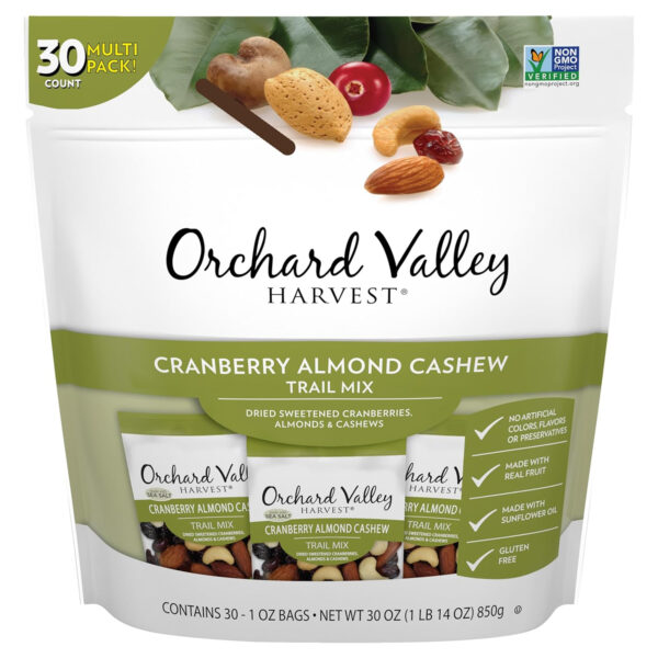 Orchard Valley Harvest Cranberry Almond Cashew Trail Mix, 1oz Bags (Pack of 15), Cranberries, Almonds, Cashews, Trail Mix Individual Packs, Snacks for Adults, No Artificial Ingredients, Bulk Snacks, Healthy Snacks for Adults