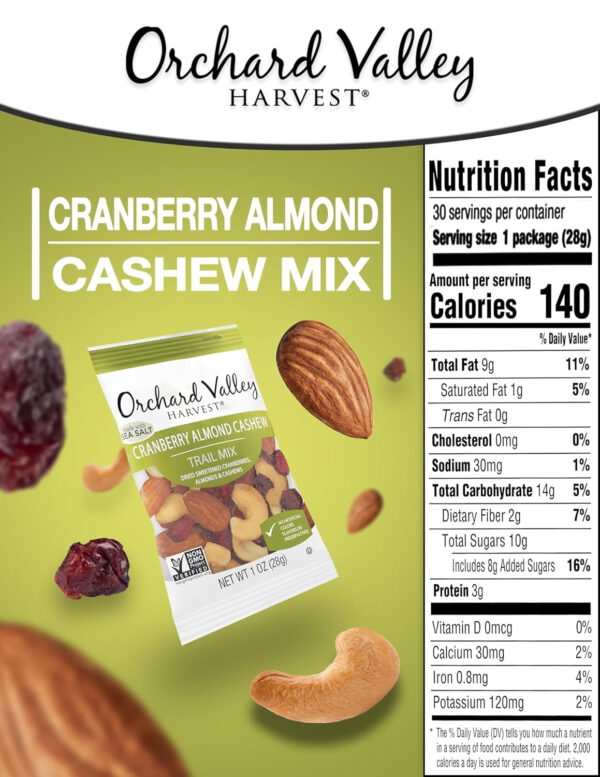 Orchard Valley Harvest Cranberry Almond Cashew Trail Mix, 1oz Bags (Pack of 15), Cranberries, Almonds, Cashews, Trail Mix Individual Packs, Snacks for Adults, No Artificial Ingredients, Bulk Snacks, Healthy Snacks for Adults