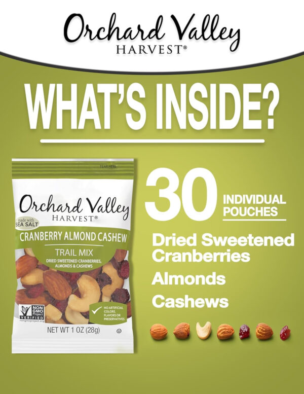Orchard Valley Harvest Cranberry Almond Cashew Trail Mix, 1oz Bags (Pack of 15), Cranberries, Almonds, Cashews, Trail Mix Individual Packs, Snacks for Adults, No Artificial Ingredients, Bulk Snacks, Healthy Snacks for Adults