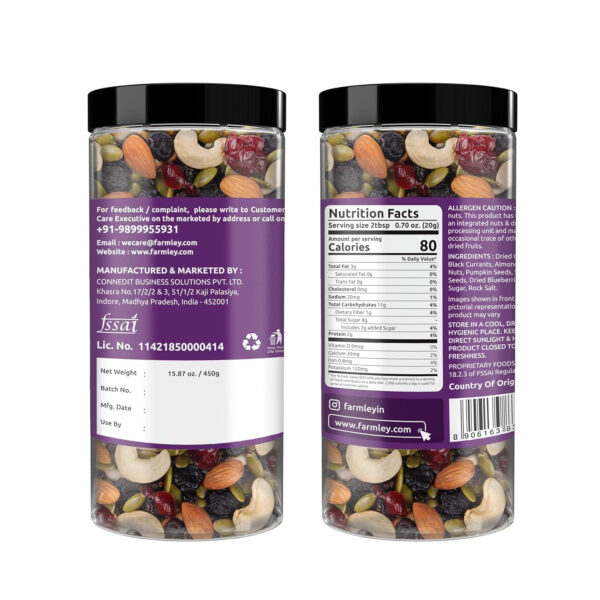 68938f06e5b1f7cedd1c05ba9770df81a545ab56b5b80bf00a47a.jpg Farmley Trail Mix | Superfood | Mixed Seeds, Nuts and Berries | 7-in-1 Mix | Cranberries, Almonds, Cashews, Pumpkin Seeds, Sunflower Seeds, Blueberries, Blackcurrents | 15.87 Oz