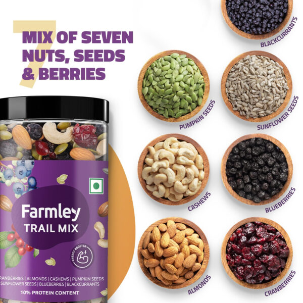 68938f081dba69b3c01defe6bc8a47c91697a74d792f3c60013dd.jpg Farmley Trail Mix | Superfood | Mixed Seeds, Nuts and Berries | 7-in-1 Mix | Cranberries, Almonds, Cashews, Pumpkin Seeds, Sunflower Seeds, Blueberries, Blackcurrents | 15.87 Oz