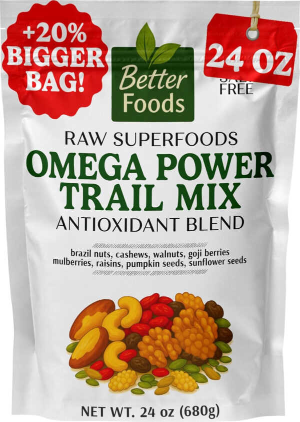 68938f2a33f6f6112e99a0a1cdcb7836eac85c36e9bee4cbe79ea.jpg BetterFoods Raw Superfoods Omega Power Trail Mix Antioxidant Blend | Premium Raw Trail Mix with Organic Goji Berries, Mulberries, Raw Brazil Nuts, Cashews, Walnuts & Superseeds | 24oz Value Pack