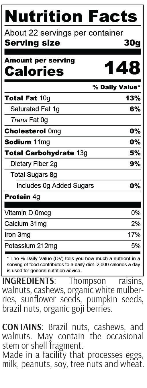 68938f2ca3e3371729bb80dcbd34b2319499851b0d754475ecd05.jpg BetterFoods Raw Superfoods Omega Power Trail Mix Antioxidant Blend | Premium Raw Trail Mix with Organic Goji Berries, Mulberries, Raw Brazil Nuts, Cashews, Walnuts & Superseeds | 24oz Value Pack
