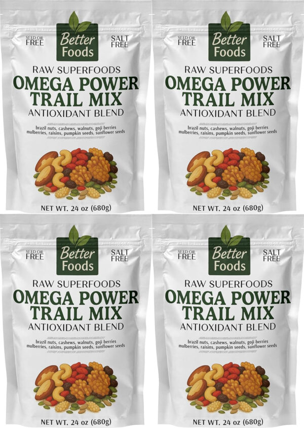 68938f323a12b7a18a0b00d0f64e2fcaf80a3f34bbaf25ef31620.jpg BetterFoods Raw Superfoods Omega Power Trail Mix Antioxidant Blend | Premium Raw Trail Mix with Organic Goji Berries, Mulberries, Raw Brazil Nuts, Cashews, Walnuts & Superseeds | 24oz Value Pack