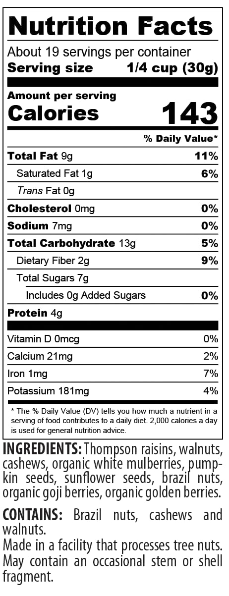 68938f34e35197efb7d53ded5c0e16d2d564906f22a45995646b1.jpg BetterFoods Raw Superfoods Omega Power Trail Mix Antioxidant Blend | Premium Raw Trail Mix with Organic Goji Berries, Mulberries, Raw Brazil Nuts, Cashews, Walnuts & Superseeds | 24oz Value Pack