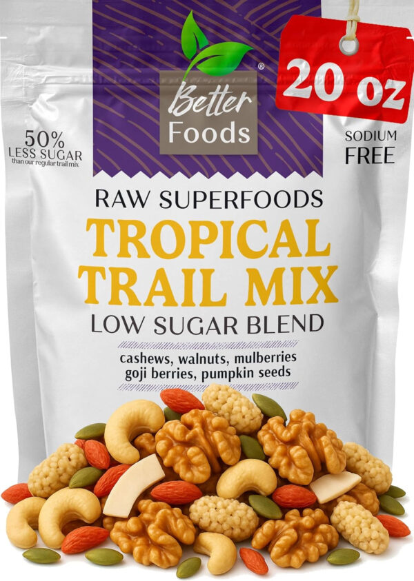 68938f35996a040fda521a42f630c7ef07aee2129ff8ad2f50fa3.jpg BetterFoods Raw Superfoods Omega Power Trail Mix Antioxidant Blend | Premium Raw Trail Mix with Organic Goji Berries, Mulberries, Raw Brazil Nuts, Cashews, Walnuts & Superseeds | 24oz Value Pack