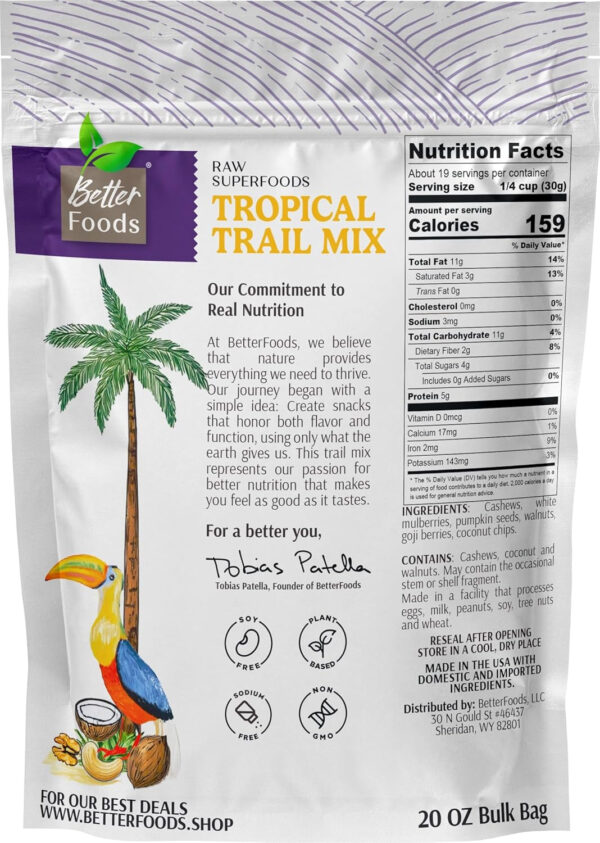 68938f36a983a086106ddc33bdc09102a18e019068c2f2655e716.jpg BetterFoods Raw Superfoods Omega Power Trail Mix Antioxidant Blend | Premium Raw Trail Mix with Organic Goji Berries, Mulberries, Raw Brazil Nuts, Cashews, Walnuts & Superseeds | 24oz Value Pack
