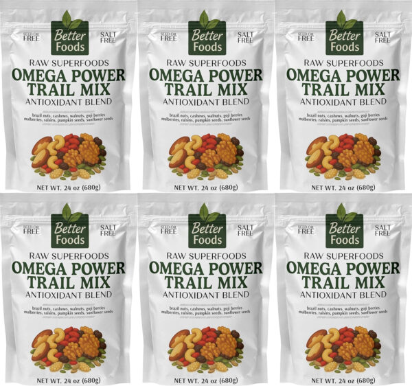 68938f3f516aace973ef2b789db147b36c17350e1c10c8a3bb5fa.jpg BetterFoods Raw Superfoods Omega Power Trail Mix Antioxidant Blend | Premium Raw Trail Mix with Organic Goji Berries, Mulberries, Raw Brazil Nuts, Cashews, Walnuts & Superseeds | 24oz Value Pack