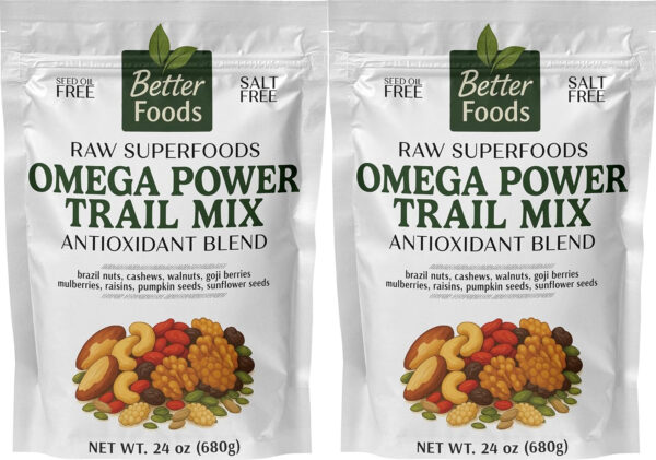 68938f41a11dae5bdb24dde439bef83deef7bf3764277eb4a279a.jpg BetterFoods Raw Superfoods Omega Power Trail Mix Antioxidant Blend | Premium Raw Trail Mix with Organic Goji Berries, Mulberries, Raw Brazil Nuts, Cashews, Walnuts & Superseeds | 24oz Value Pack