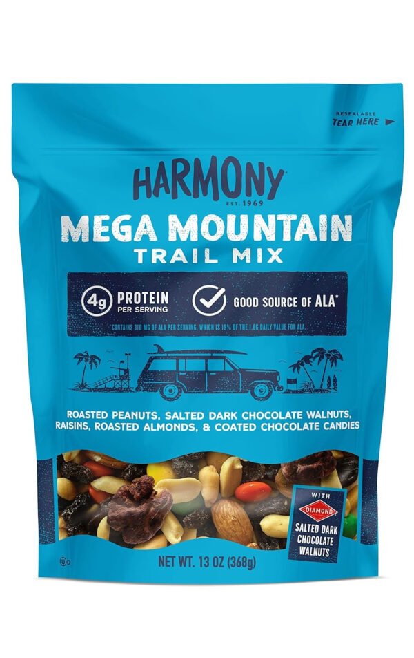 Diamond of California Harmony Amped Omega-3 Trail Mix with Mixed Nuts, Dried Fruit, Diamond of California Himalayan Pink Salt Walnuts, and Seeds, 10 oz, 1 Unit