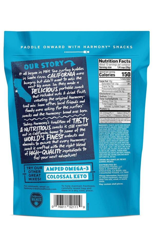 Diamond of California Harmony Amped Omega-3 Trail Mix with Mixed Nuts, Dried Fruit, Diamond of California Himalayan Pink Salt Walnuts, and Seeds, 10 oz, 1 Unit