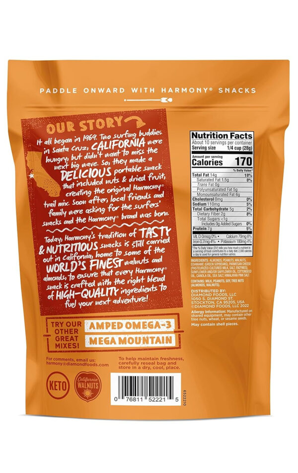 Diamond of California Harmony Amped Omega-3 Trail Mix with Mixed Nuts, Dried Fruit, Diamond of California Himalayan Pink Salt Walnuts, and Seeds, 10 oz, 1 Unit