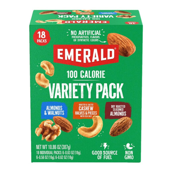 6893905d31b4d0282010bc82fdf6bc1c27e7ea1a2dbdbb6b27e49.jpg Emerald Nuts Mixed Nuts Variety Pack 18ct (1-Pack) , 100-Calorie Individual Packs , Features Dry Roasted Almonds, Natural Almonds & Walnuts, and Roasted & Salted Cashews