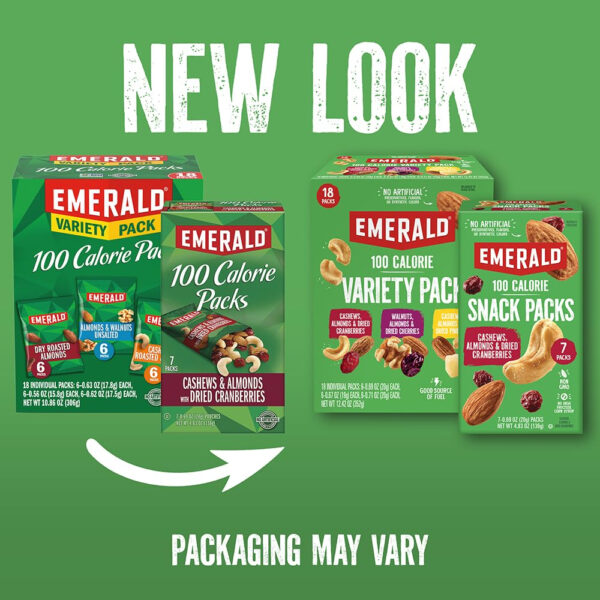 6893905f59933cc0d588512c064746d48f12bd6895a14eff4b05a.jpg Emerald Nuts Mixed Nuts Variety Pack 18ct (1-Pack) , 100-Calorie Individual Packs , Features Dry Roasted Almonds, Natural Almonds & Walnuts, and Roasted & Salted Cashews