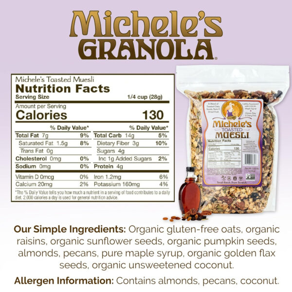 Michele's Toasted Muesli, Whole Grain Cereal, No Refined Sugar, No Added Oil, Gluten-Free & Non-GMO, 36oz Resealable Bag