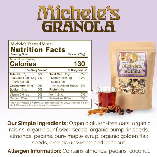 Michele's Toasted Muesli, Whole Grain Cereal, No Refined Sugar, No Added Oil, Gluten-Free & Non-GMO, 36oz Resealable Bag