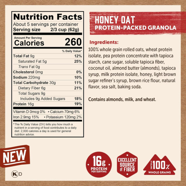 6893aaecdad11802b292dbc9a829f7073307ad8fb4f9250681251.jpg Kodiak Cakes Granola, Honey Oat, High Protein, 100% Whole Grains (Pack of 5 pouches)