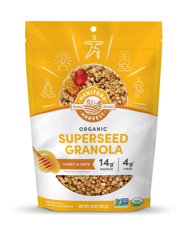 6893ac4c66d10ffd3c3527fbd9372c516f0738a3d6caa252f076e.jpg Manitoba Harvest Hemp Yeah Granola, with 10 g of Protein, 3.5 g Omegas, 3 g of Fiber and less than 10 g Sugar Per Serving, Organic, Non-GMO, Honey and Oats, 10 Oz, Packaging May Vary