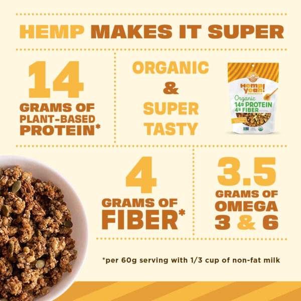 6893ac5166bf8cb187979890ef8e1b2883b5da5149e66ad5f76ed.jpg Manitoba Harvest Hemp Yeah Granola, with 10 g of Protein, 3.5 g Omegas, 3 g of Fiber and less than 10 g Sugar Per Serving, Organic, Non-GMO, Honey and Oats, 10 Oz, Packaging May Vary