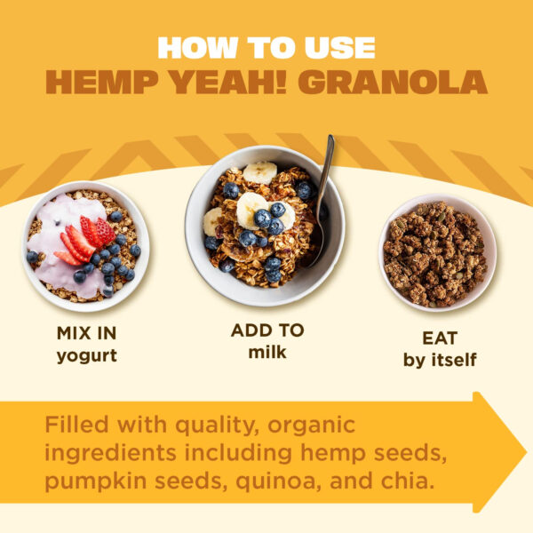 6893ac52ac34ef939f74f8838ba771324258a1df896abf3e559a3.jpg Manitoba Harvest Hemp Yeah Granola, with 10 g of Protein, 3.5 g Omegas, 3 g of Fiber and less than 10 g Sugar Per Serving, Organic, Non-GMO, Honey and Oats, 10 Oz, Packaging May Vary