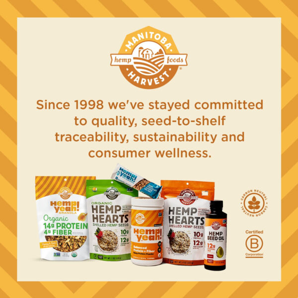 6893ac553f7b89bfe523d6ebbfbc8aba0641acc92039b6c67ef4c.jpg Manitoba Harvest Hemp Yeah Granola, with 10 g of Protein, 3.5 g Omegas, 3 g of Fiber and less than 10 g Sugar Per Serving, Organic, Non-GMO, Honey and Oats, 10 Oz, Packaging May Vary