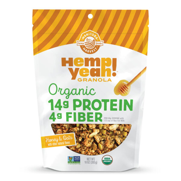 6893ac5682e3e67fd39391bdeaf0c7b40f51d92e9fd84b2c77cf5.jpg Manitoba Harvest Hemp Yeah Granola, with 10 g of Protein, 3.5 g Omegas, 3 g of Fiber and less than 10 g Sugar Per Serving, Organic, Non-GMO, Honey and Oats, 10 Oz, Packaging May Vary