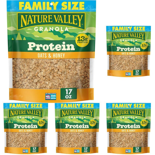 6893ac749e5439de4d5394bc8e84fe42d12445215a2e7c8490df7.jpg Nature Valley Protein Granola, Oats and Honey Granola, Resealable Snack Pouch, Family Size, 17 oz