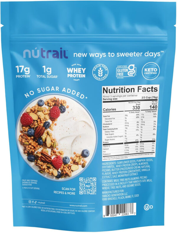 NuTrail 17g Protein Nut Granola Cereal, Vanilla Almond, No Sugar Added, Keto, Low Carb, Gluten Free, Grain Free, Healthy Breakfast 8 oz. 1 Count