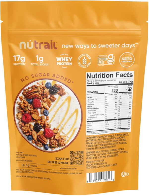 NuTrail 17g Protein Nut Granola Cereal, Honey Nut, No Sugar Added, Keto, Low Carb, Gluten Free, Grain Free, Healthy Breakfast 8 oz. 1 Count
