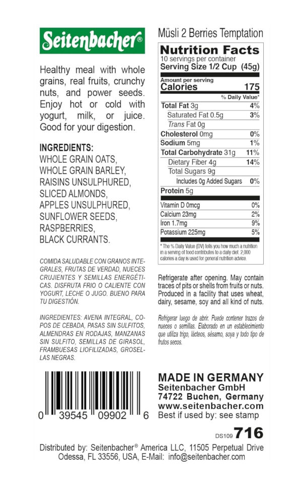 Seitenbacher Organic Muesli Cashews Almonds Natural Cereal, 16 Ounce
