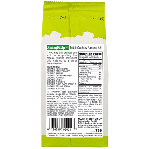 Seitenbacher Organic Muesli Cashews Almonds Natural Cereal, 16 Ounce