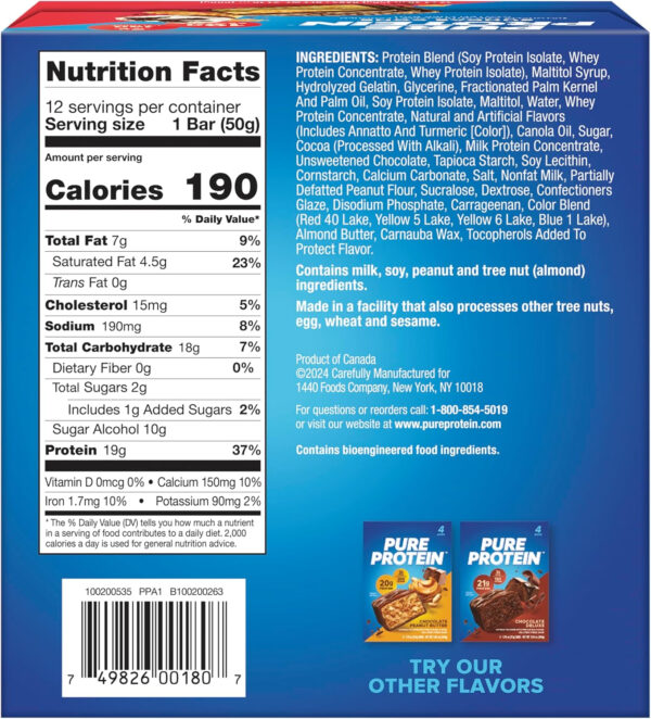 Pure Protein Bars, High Protein, Nutritious Snacks to Support Energy, Low Sugar, Gluten Free, Chocolate Peanut Butter, 1.76oz, 12 Count (Packaging May Vary)