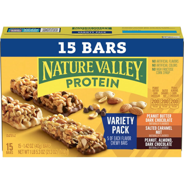 6893aee68b28e0b19def5d54cc1e5b50ca42dbe048c387d1f7791.jpg Nature Valley Protein Chewy Snack Bars, Variety Pack, 15 Bars, 21.3 oz