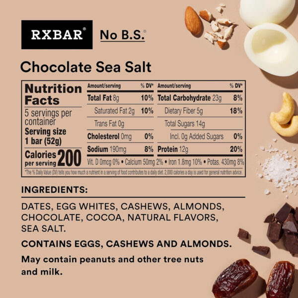 RXBAR Protein Bars, Protein Snack, Snack Bars, Chocolate Sea Salt, 22oz Box (12 Bars)