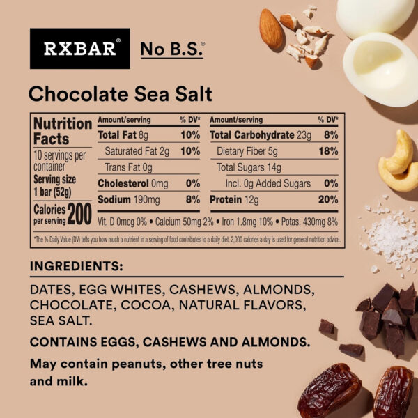 RXBAR Protein Bars, Protein Snack, Snack Bars, Chocolate Sea Salt, 22oz Box (12 Bars)