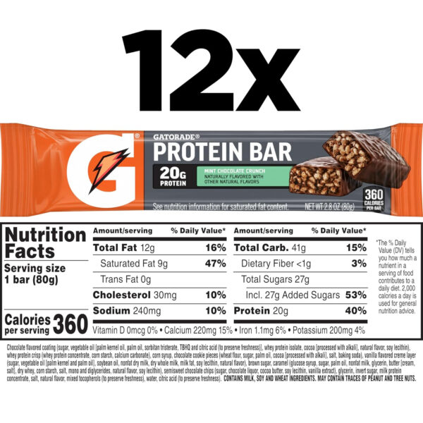 Gatorade Whey Protein Recover Bars, Chocolate Chip, 2.8 ounce(Pack of 12)