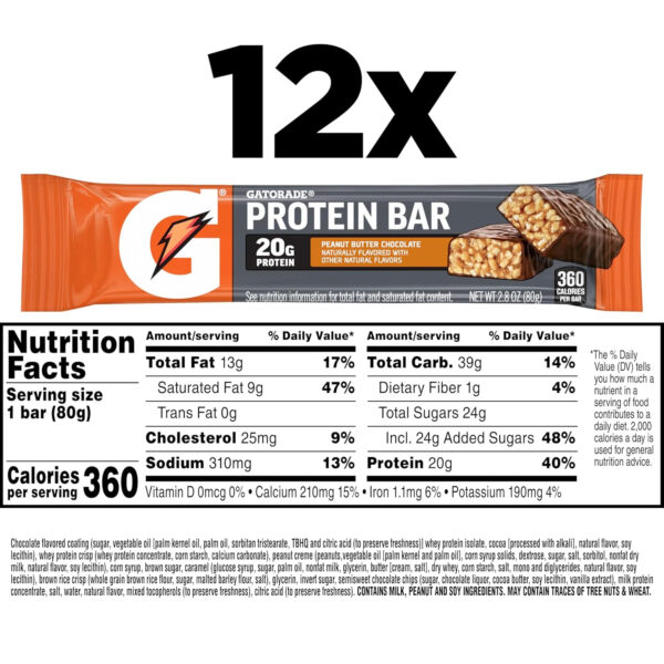 Gatorade Whey Protein Recover Bars, Chocolate Chip, 2.8 ounce(Pack of 12)
