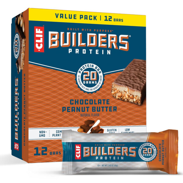 CLIF BUILDERS Protein Bars - Chocolate Peanut Butter Flavor - 20g Plant Based Protein - Gluten Free - Non-GMO - Low Glycemic - No Artificial Sweeteners - Value Pack, 2.4 oz. (12 Count)
