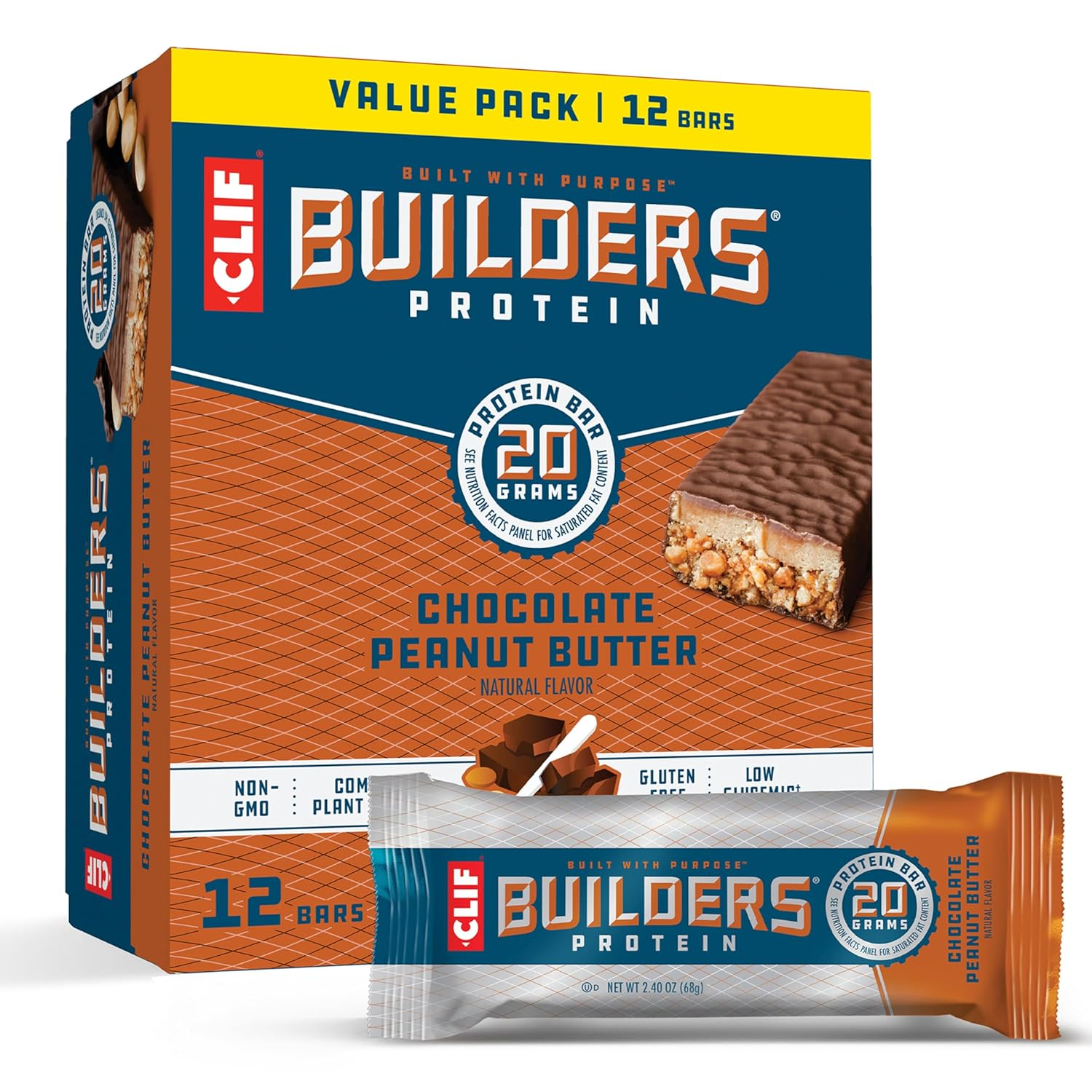 CLIF BUILDERS Protein Bars - Chocolate Peanut Butter Flavor - 20g Plant Based Protein - Gluten Free - Non-GMO - Low Glycemic - No Artificial Sweeteners - Value Pack, 2.4 oz. (12 Count)