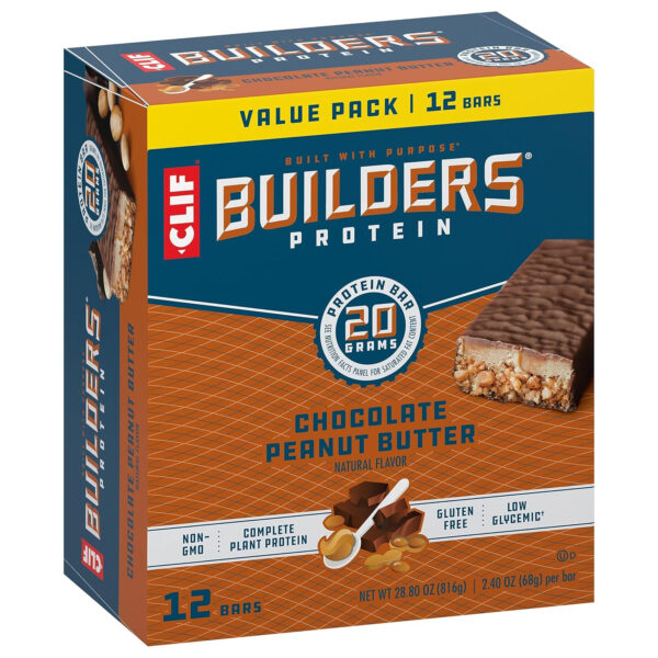 CLIF BUILDERS Protein Bars - Chocolate Peanut Butter Flavor - 20g Plant Based Protein - Gluten Free - Non-GMO - Low Glycemic - No Artificial Sweeteners - Value Pack, 2.4 oz. (12 Count)