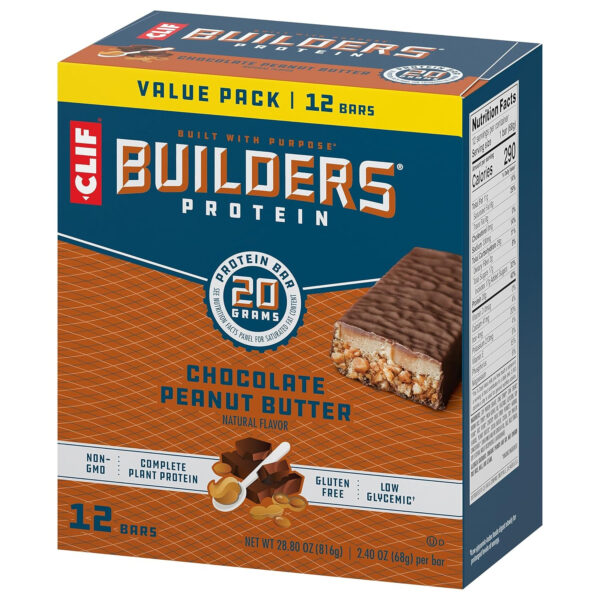 CLIF BUILDERS Protein Bars - Chocolate Peanut Butter Flavor - 20g Plant Based Protein - Gluten Free - Non-GMO - Low Glycemic - No Artificial Sweeteners - Value Pack, 2.4 oz. (12 Count)