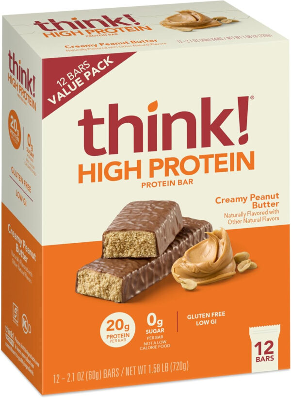 6893b07f73167546782dc78b7f3765e732e41acb80dbe93afedbc.jpg think! Protein Bars, High Protein Snacks, Gluten Free, Kosher Friendly, Creamy Peanut Butter, Nutrition Bars, 2.1 Oz per Bar, 12 Count (Packaging May Vary)