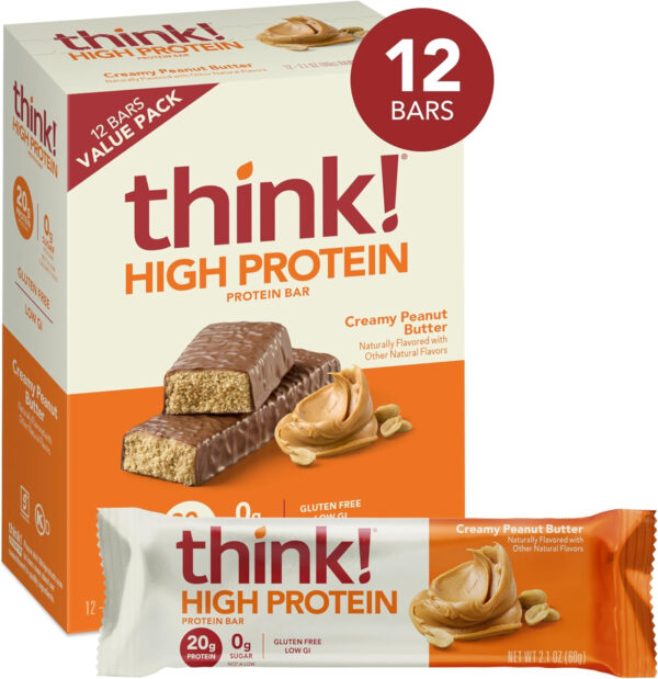 6893b080967cf41fd0d6b4dbbacbd922151c46e7ceadd72a0ea10.jpg think! Protein Bars, High Protein Snacks, Gluten Free, Kosher Friendly, Creamy Peanut Butter, Nutrition Bars, 2.1 Oz per Bar, 12 Count (Packaging May Vary)