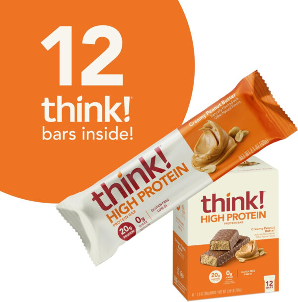 6893b081d69acbf6aa6e7dc6d565aa3bd9439cc4ea1b49e460ace.jpg think! Protein Bars, High Protein Snacks, Gluten Free, Kosher Friendly, Creamy Peanut Butter, Nutrition Bars, 2.1 Oz per Bar, 12 Count (Packaging May Vary)