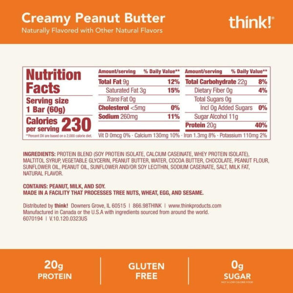 6893b084abe0ce4a1a024bb9a82da4f5117e2447435a42f97395e.jpg think! Protein Bars, High Protein Snacks, Gluten Free, Kosher Friendly, Creamy Peanut Butter, Nutrition Bars, 2.1 Oz per Bar, 12 Count (Packaging May Vary)
