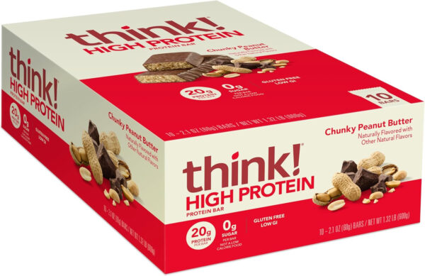 6893b09c6ba6044f47c7809568ded2bd05d9728f075e05f091232.jpg think! Protein Bars, High Protein Snacks, Gluten Free, Kosher Friendly, Creamy Peanut Butter, Nutrition Bars, 2.1 Oz per Bar, 12 Count (Packaging May Vary)