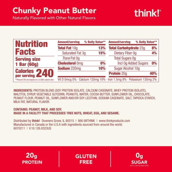 6893b09e93800cb0e00c1ee3c92126ef15b7a7314c2e1d80987c9.jpg think! Protein Bars, High Protein Snacks, Gluten Free, Kosher Friendly, Creamy Peanut Butter, Nutrition Bars, 2.1 Oz per Bar, 12 Count (Packaging May Vary)