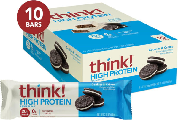 6893b0a6cf88ee2e9678b9105c97980e147a6e5312955cdba1d88.jpg think! Protein Bars, High Protein Snacks, Gluten Free, Kosher Friendly, Creamy Peanut Butter, Nutrition Bars, 2.1 Oz per Bar, 12 Count (Packaging May Vary)