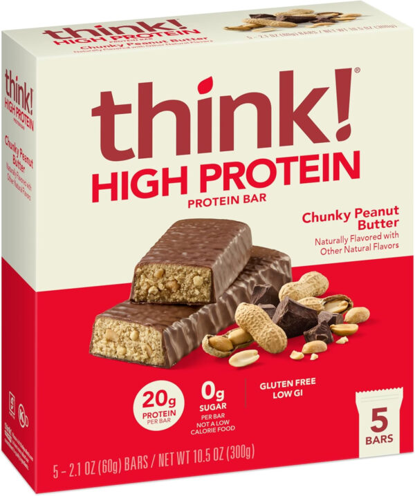 6893b0b999885149efa01f0f11695addb1160c35c5bb3432c6ef1.jpg think! Protein Bars, High Protein Snacks, Gluten Free, Kosher Friendly, Creamy Peanut Butter, Nutrition Bars, 2.1 Oz per Bar, 12 Count (Packaging May Vary)