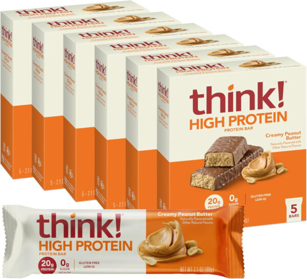 6893b0c313e2400734a56d48dbf9b8a64633c9a2e91a57b83b2c3.jpg think! Protein Bars, High Protein Snacks, Gluten Free, Kosher Friendly, Creamy Peanut Butter, Nutrition Bars, 2.1 Oz per Bar, 12 Count (Packaging May Vary)